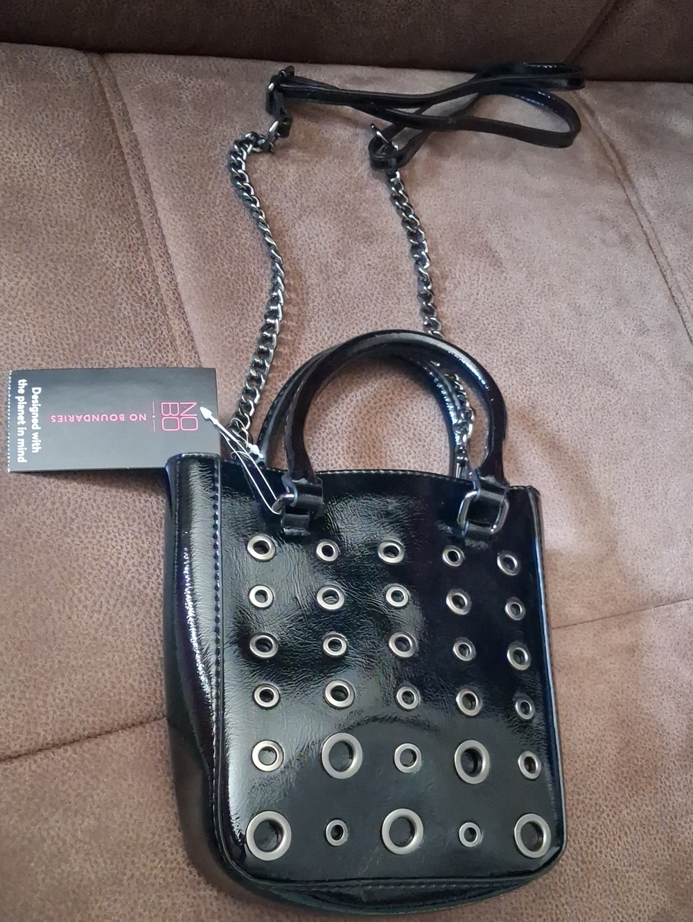 No Boundaries Black Patent Grommet Accent Crossbody Mini Tote Bag